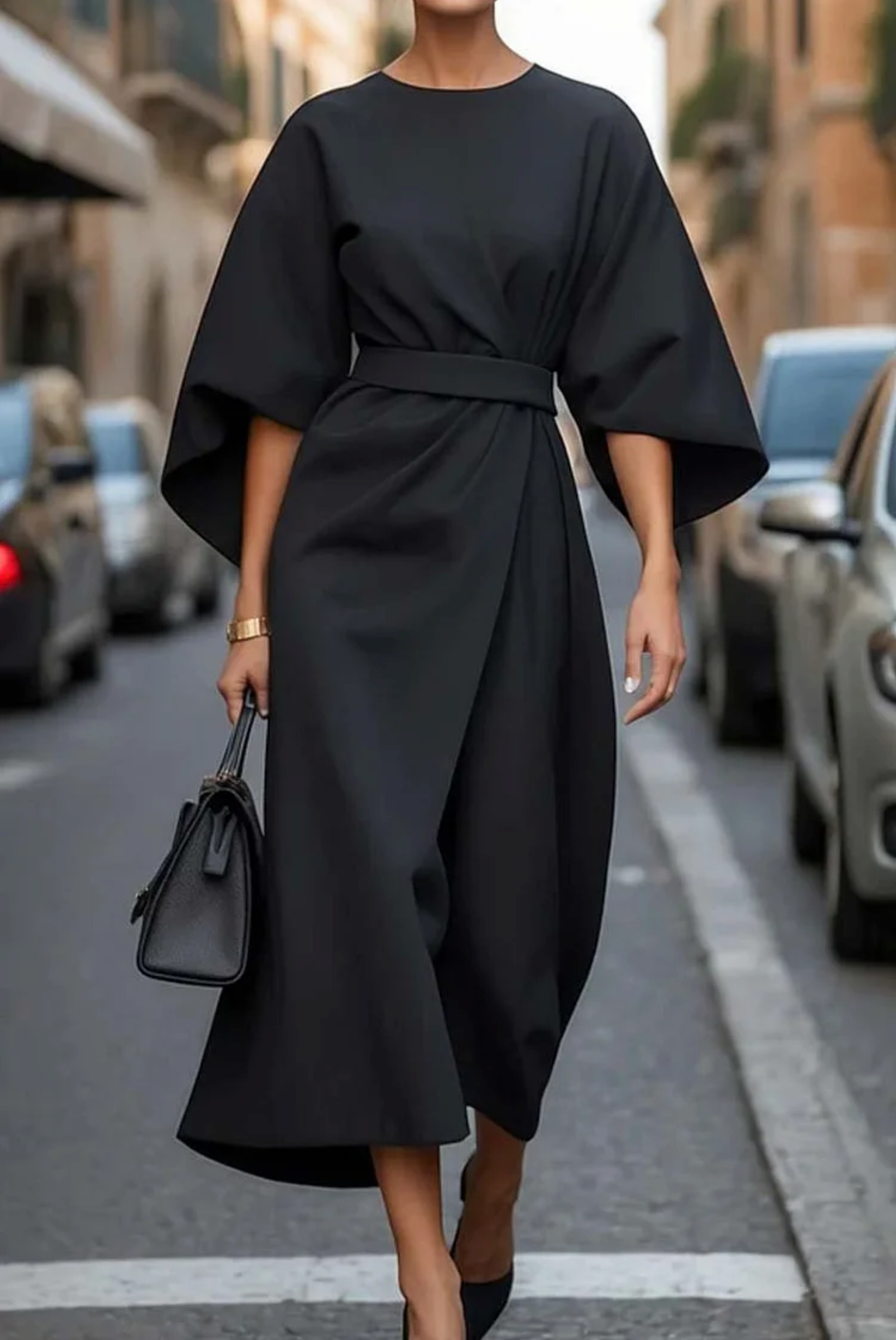 Vestido Midi con Cinturón y Manga 3/4 Acampanada — Viaestilo