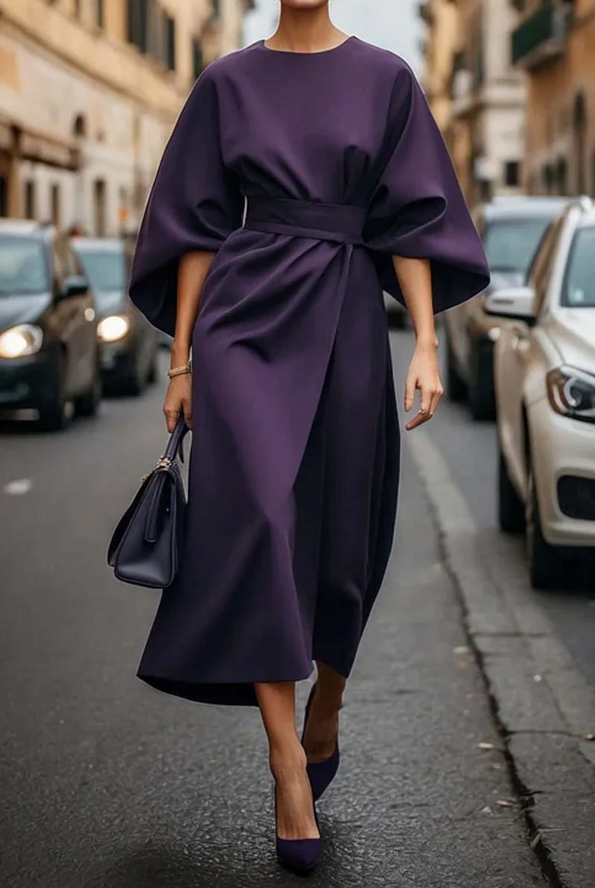 Vestido Midi con Cinturón y Manga 3/4 Acampanada — Viaestilo