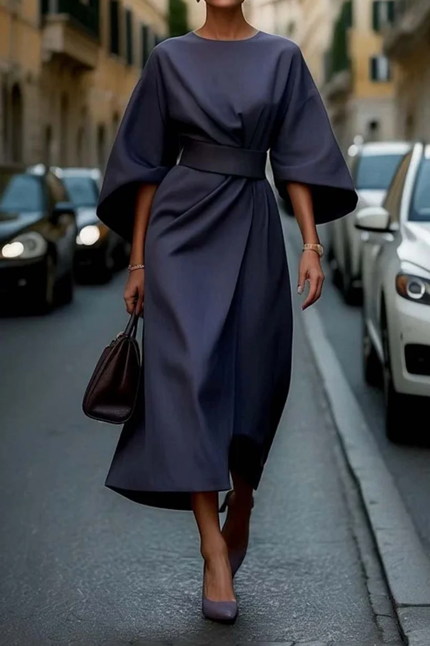 Vestido Midi con Cinturón y Manga 3/4 Acampanada — Viaestilo