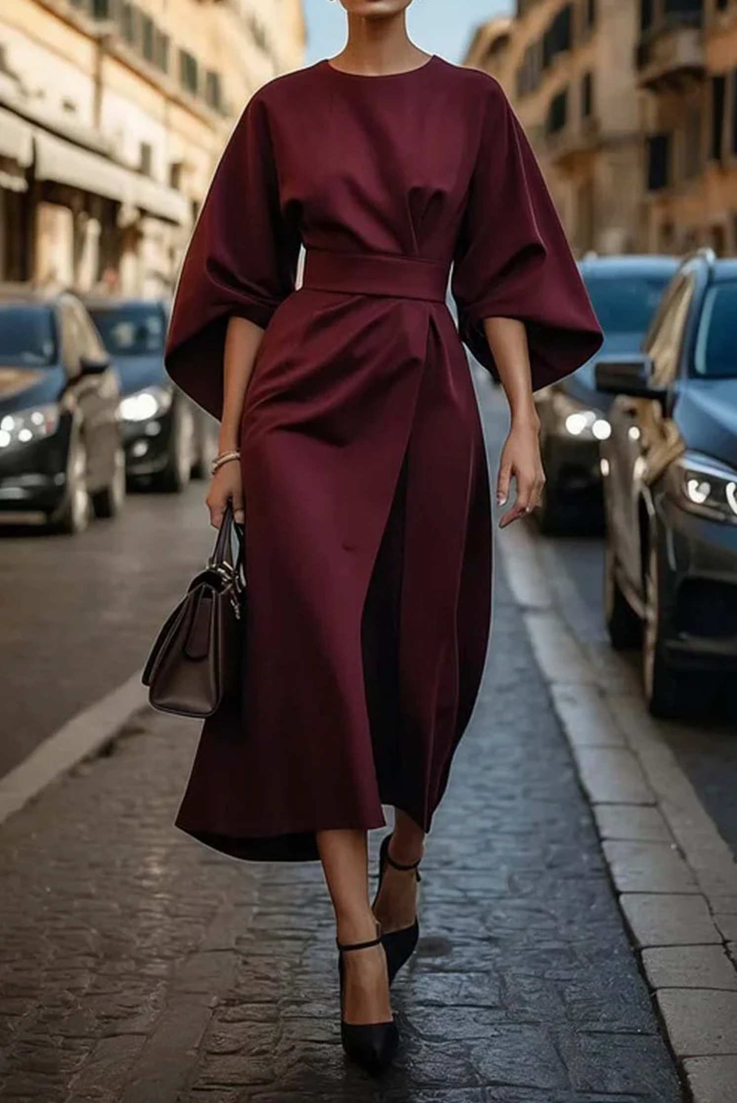 Vestido Midi con Cinturón y Manga 3/4 Acampanada — Viaestilo