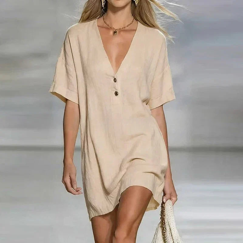 Vestido Camisero de Lino Escote en V Corte Holgado — Viaestilo