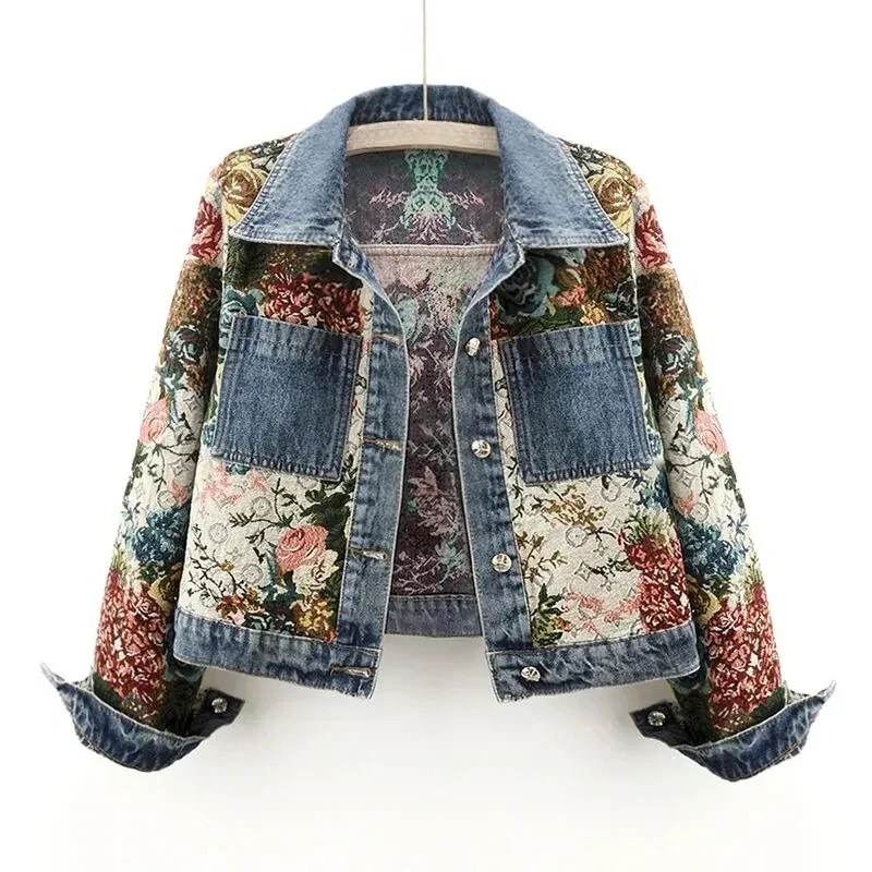 Chamarra de Mezclilla Crop con Parches Florales — Viaestilo