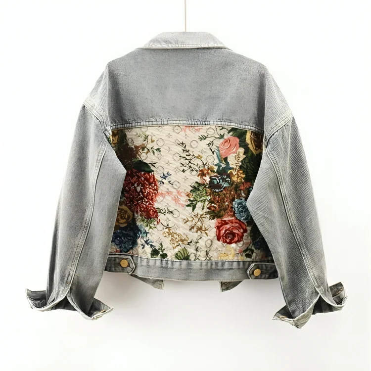 Chamarra de Mezclilla Crop con Parches Florales — Viaestilo