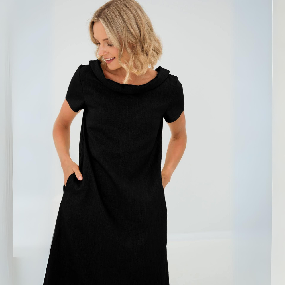 Vestido Shift de Lino Manga Corta con Bolsillos — Viaestilo