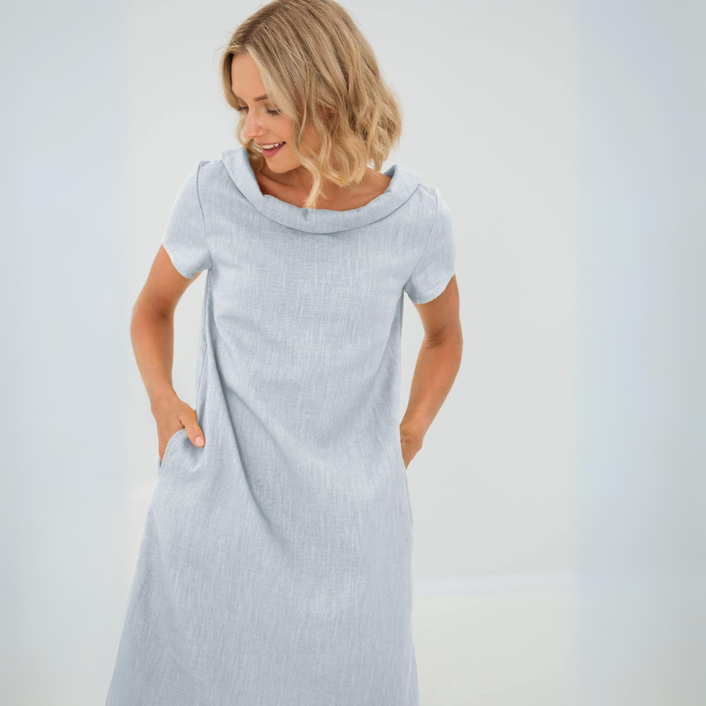 Vestido Shift de Lino Manga Corta con Bolsillos — Viaestilo