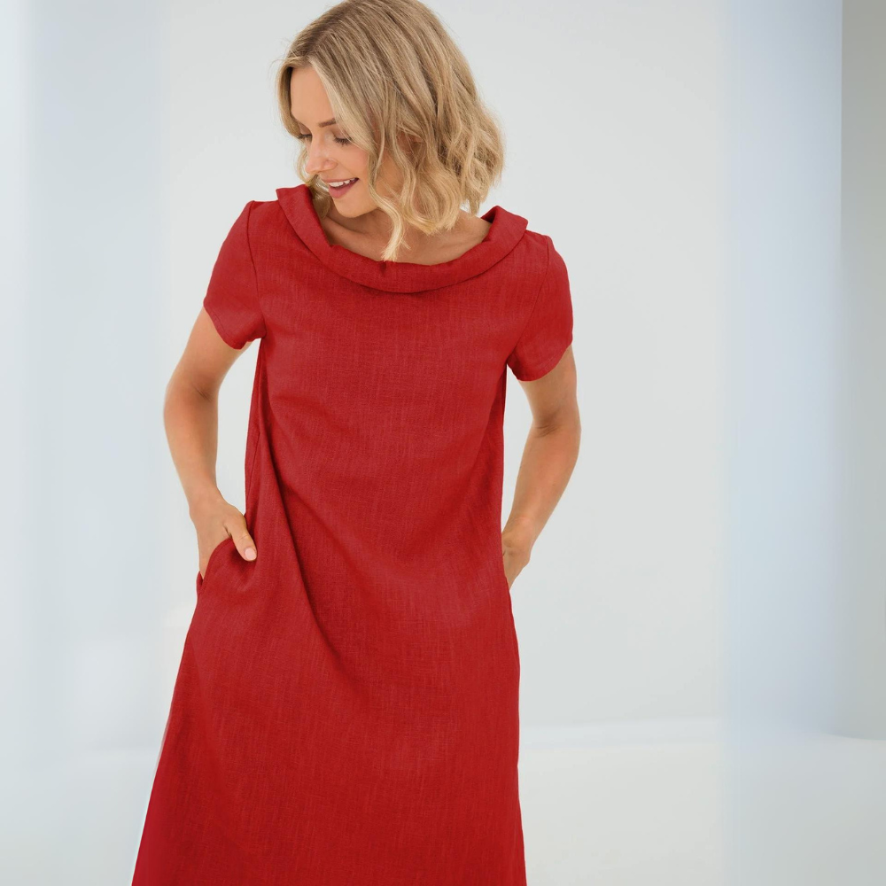 Vestido Shift de Lino Manga Corta con Bolsillos — Viaestilo