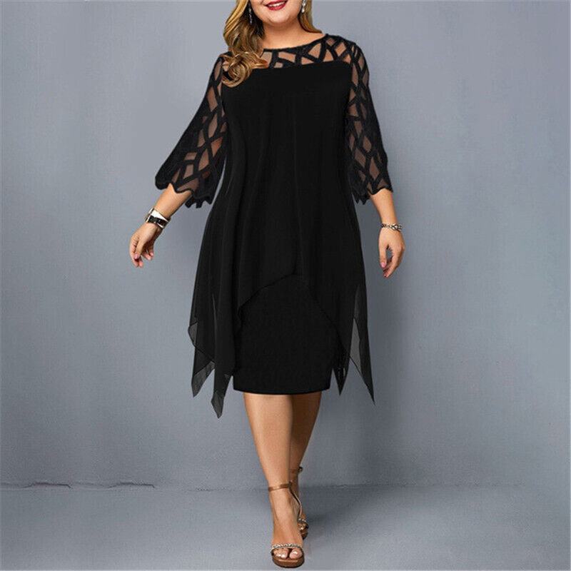 Vestido Midi Talla Plus con Malla y Mangas Caladas — Viaestilo
