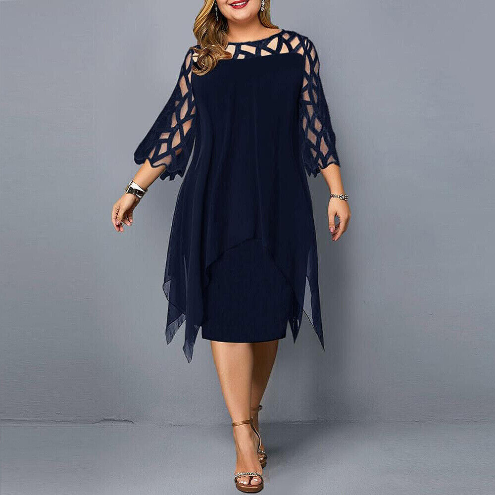 Vestido Midi Talla Plus con Malla y Mangas Caladas — Viaestilo