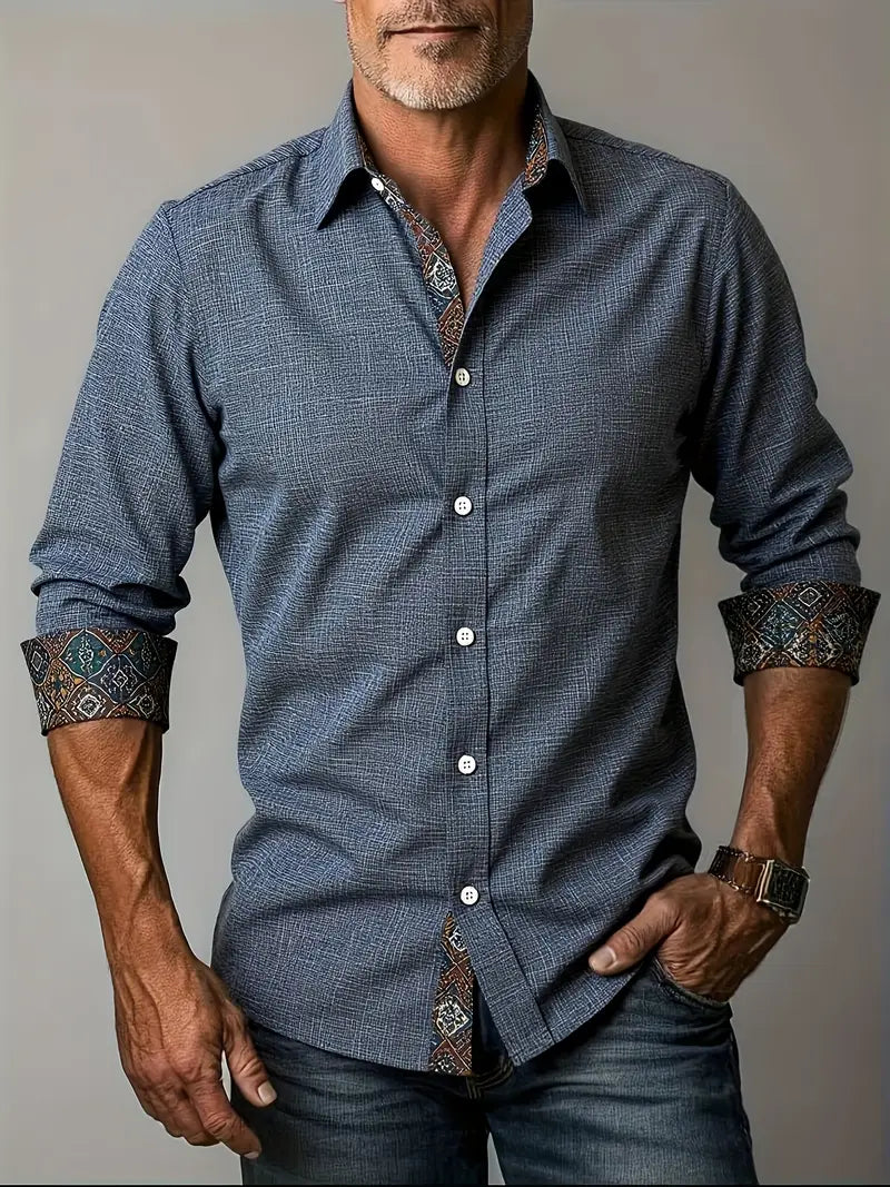 Camisa Manga Larga Slim con Cuello y Puños en Contraste — Viaestilo