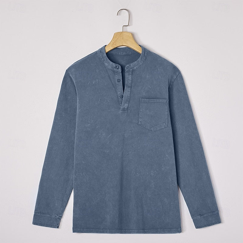 Playera Henley Lavado Vintage Manga Larga — Viaestilo
