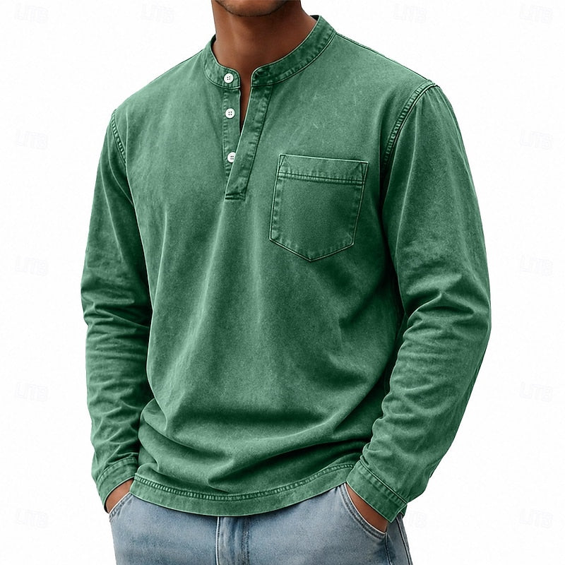 Playera Henley Lavado Vintage Manga Larga — Viaestilo