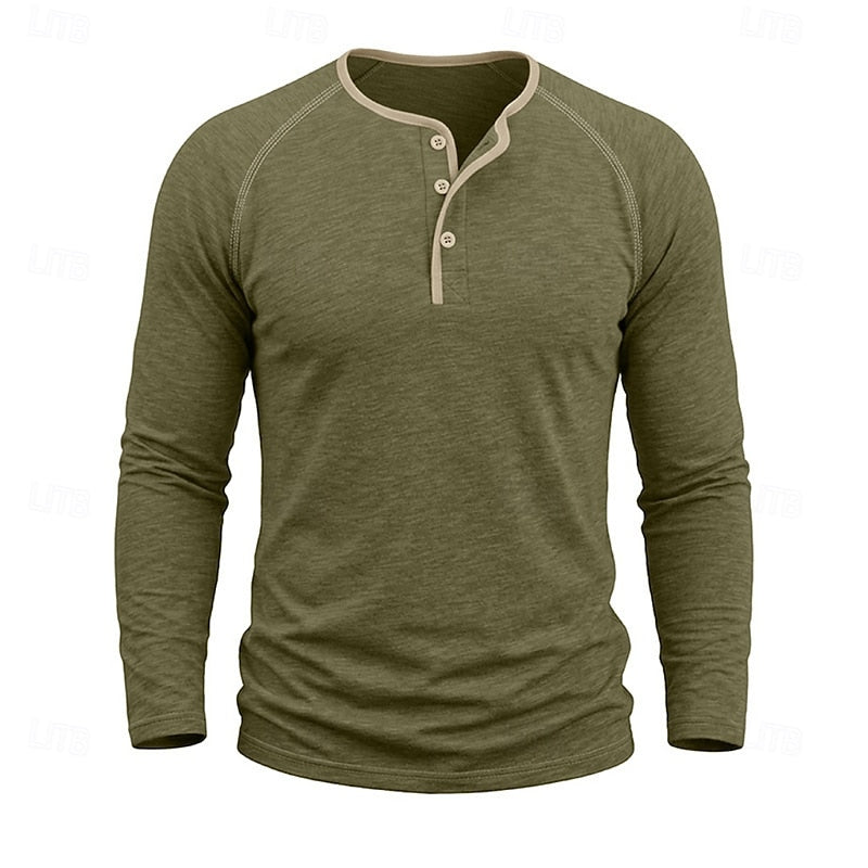 Playera Henley Clásica de Algodón Manga Larga — Viaestilo