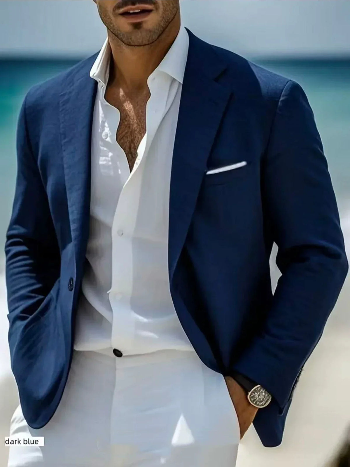 Saco Look Lino con Hombro Suave y Bolsas de Parche — Viaestilo