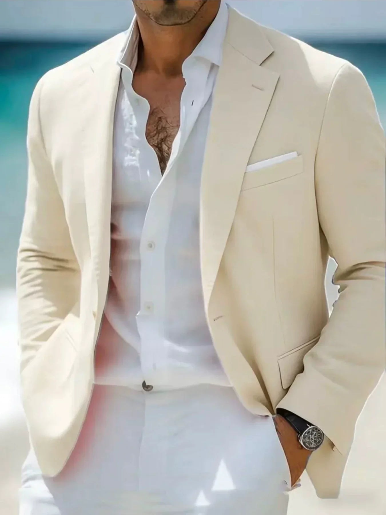 Saco Look Lino con Hombro Suave y Bolsas de Parche — Viaestilo