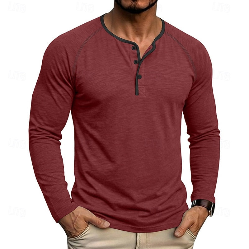 Playera Henley Clásica de Algodón Manga Larga — Viaestilo