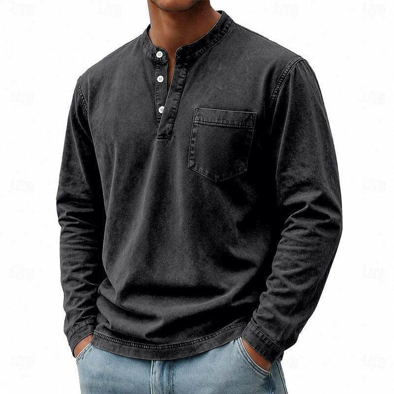 Playera Henley Lavado Vintage Manga Larga — Viaestilo