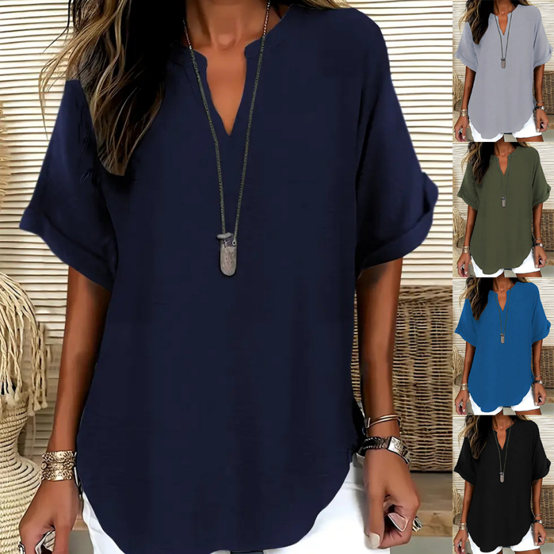 Blusa Escote en V Manga Media Corte Relajado — Viaestilo