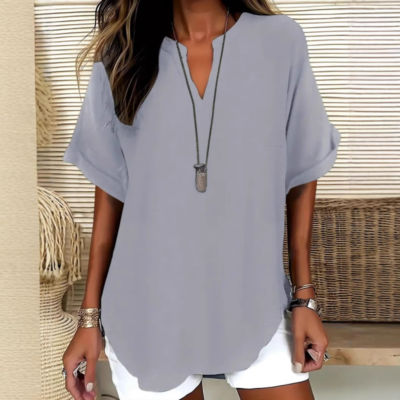 Blusa Escote en V Manga Media Corte Relajado — Viaestilo