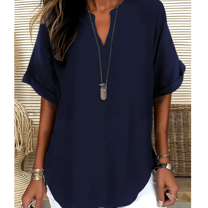 Blusa Escote en V Manga Media Corte Relajado — Viaestilo