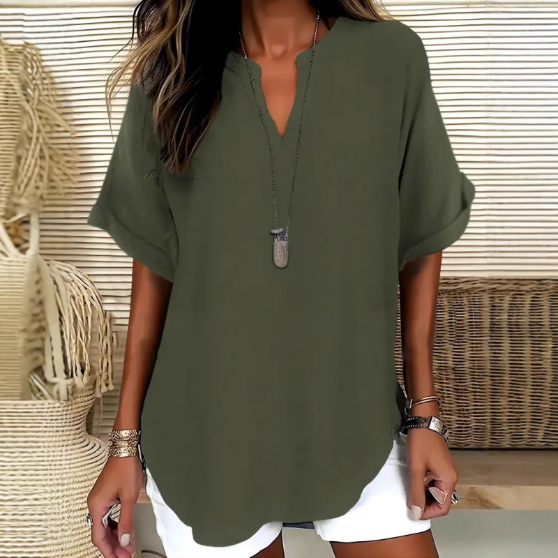Blusa Escote en V Manga Media Corte Relajado — Viaestilo