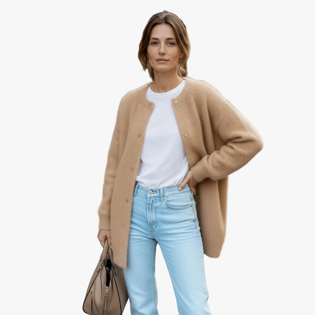 Cárdigan Largo de Punto Fino con Botones y Bolsas — Viaestilo