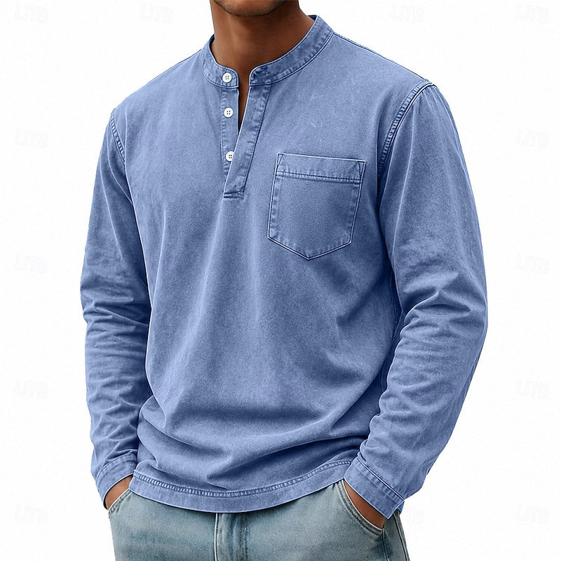 Playera Henley Lavado Vintage Manga Larga — Viaestilo